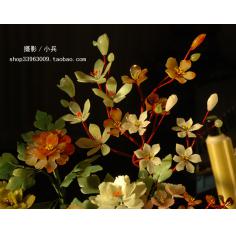 北京景泰蓝老货景泰蓝花盆+天然玉石+手工制作红绵牡丹（东陵石）