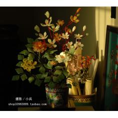 北京景泰蓝老货景泰蓝花盆+天然玉石+手工制作红绵牡丹（东陵石）