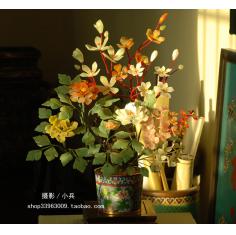 北京景泰蓝老货景泰蓝花盆+天然玉石+手工制作红绵牡丹（东陵石）