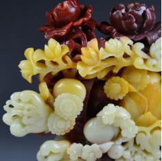 福建寿山石雕摆件精品 红黄白俏色三彩芙蓉石镂空巧雕花开富贵