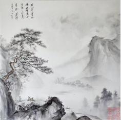 山水画，布面水墨 ，4尺斗方