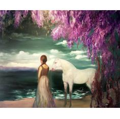 紫藤花下渐黄昏，白马王子乘浪归！巨幅油画，大3米幅。