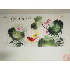 大四尺荷花二张，画家亲签名