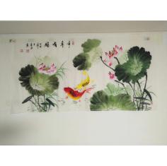 大四尺荷花二张，画家亲签名