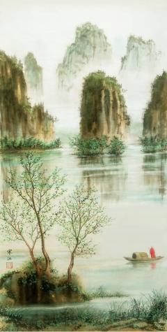 寒江禅意山水《渡江图》，纸质设色 尺寸： 136x68cm ​​