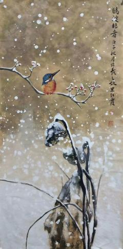 山东省美协刘红霞老师《落雪听禅》 尺寸 50cm×100cm