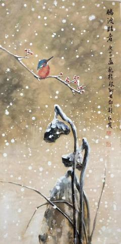 山东省美协刘红霞老师《落雪听禅》 尺寸 50cm×100cm