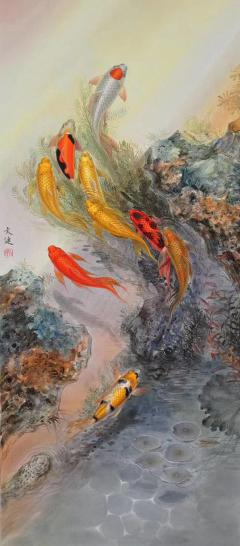 吴文健老师精品油画，九鱼图。可以定制。