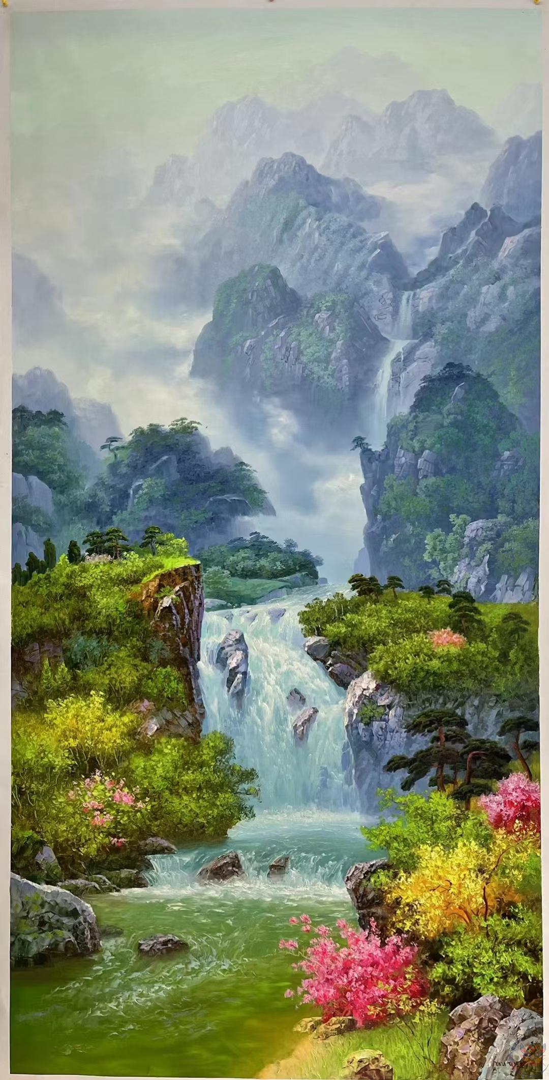 首幅朝鲜竖幅玄关风景油画 200-100厘米,财源滚滚.其余尺寸单询.