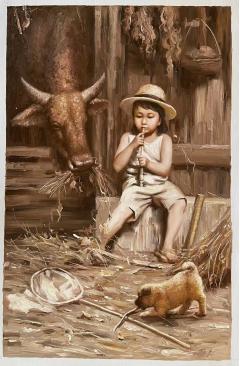 朝鲜油画 功勋艺术家金龙作品 115-75厘米 《童年》