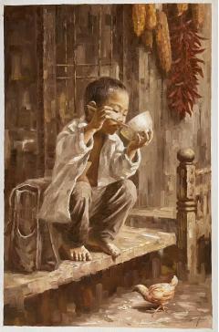 朝鲜油画 功勋艺术家金龙作品 115-75厘米 《童年》