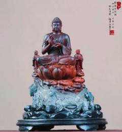 印度小叶紫檀「释迦牟尼佛」  规格：长30.8×宽28.6×高41.3cm   净重19.1斤。沉香雅集售。