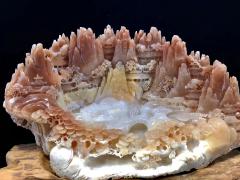 【流水生财】深沉海底原生态千年黄岩岛紫色玉化石壳贝雕琢而成，构思巧妙，工艺精美。配海南名木坡垒底座