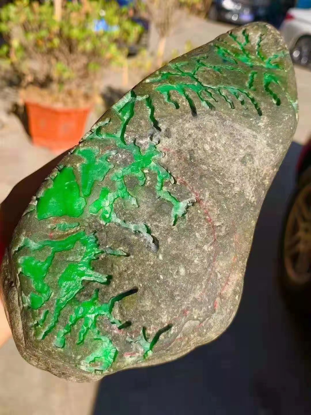 2.7公斤、16*9*8cm、南齐大开窗色料手镯料、皮壳完整无裂品相好、超大面积开窗、种老色辣、超正的阳绿色、高品质满色牌子挂件一堆、博满色手镯