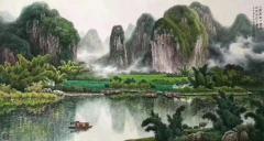 青年画家马硕，北京美术家协会会员，师恩钊北派山水画室特邀画家 ――原创写实精品《一橹渔歌一橹春，天光云影了无尘》97cmX180cm