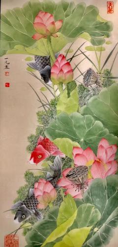 一凡画，荷莲鱼，36x78cm