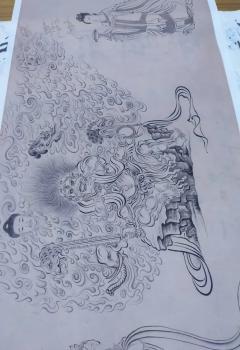 唐吴道子送子天王图长卷，绢本，自制版画，收藏品