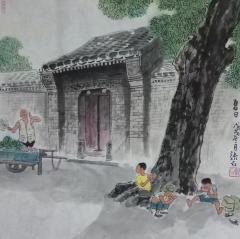 北京四季分明，发几幅只有夏天才能干的:游泳、捉蛐蛐儿、上城外护城河玩，下雨了出来打伞玩、雨后叠小船、雨后在湿土地上玩刀子分地、还有就是能吃西瓜和冰棍了。 ——张石，50x50cm