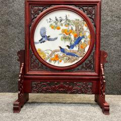 花梨木框架镶粉彩花鸟山水人物瓷板画桌面屏风摆台