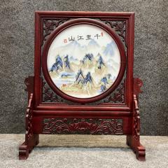 花梨木框架镶粉彩花鸟山水人物瓷板画桌面屏风摆台