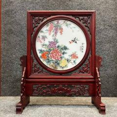 花梨木框架镶粉彩花鸟山水人物瓷板画桌面屏风摆台