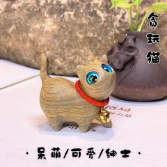 手工雕刻可爱檀木小猫咪贪玩好奇猫自信猫创意木雕萌宠儿童手把件